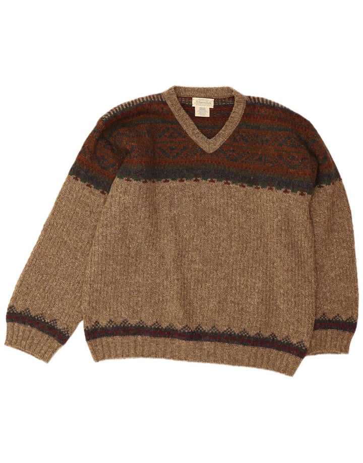 St John's Bay Pull col V pour homme en laine Fair Isle beige moyen