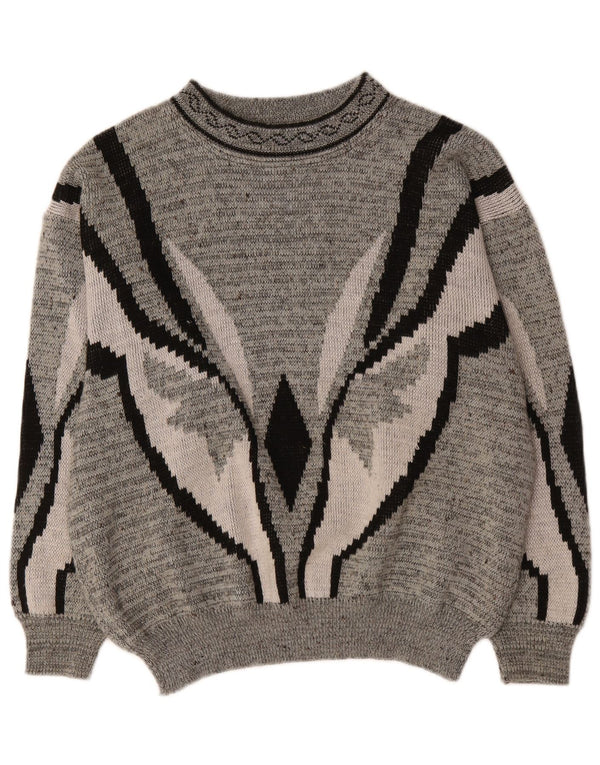 vintage Mens Crew Neck Jumper Sweater IT 52/54 Grand Gris Géométrique
