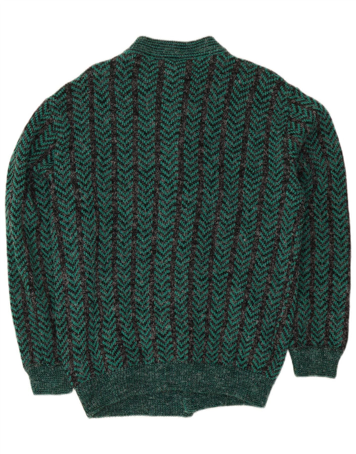vintage Mens Regular Fit Cardigan Pull Moyen Vert Chevron Acrylique