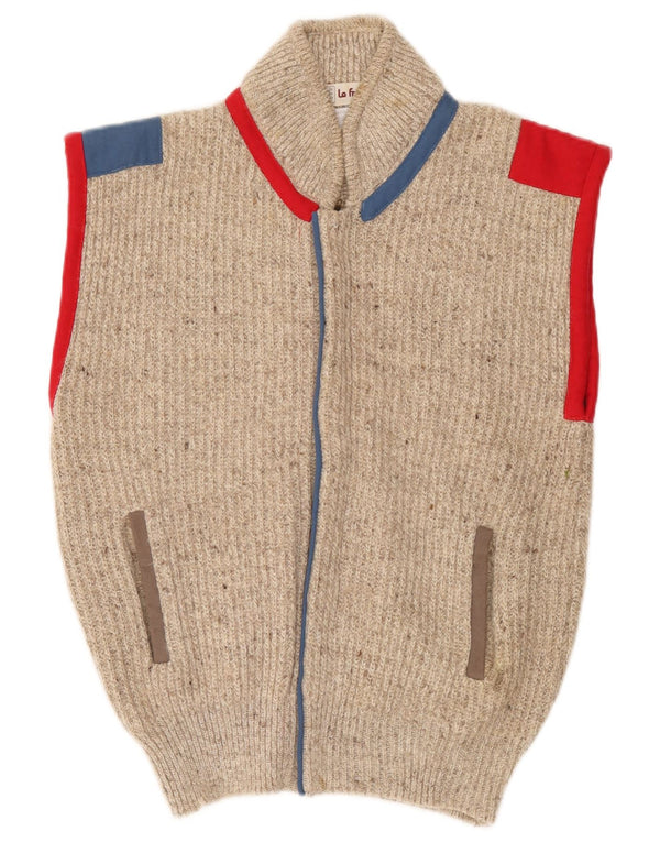 vintage Mens Cardigan sans manches Pull Medium Beige Colourblock Acrylique