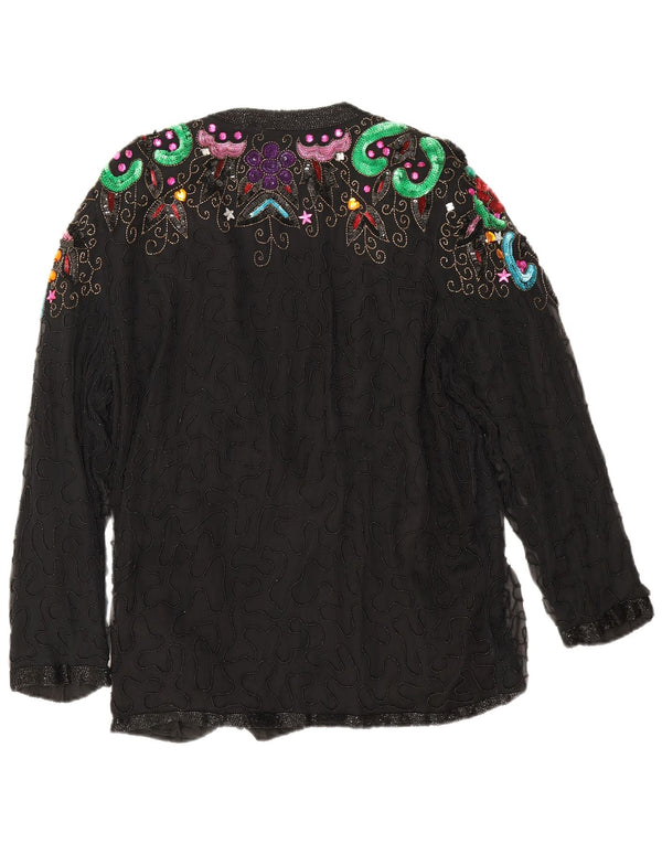 vintage Femme Soirée Blazer Veste UK 16 Grande Soie Florale Noire
