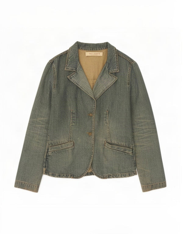 Zara Womens Trafaluc 2 Button Denim Blazer Jacket UK 12 Bleu Moyen Coton