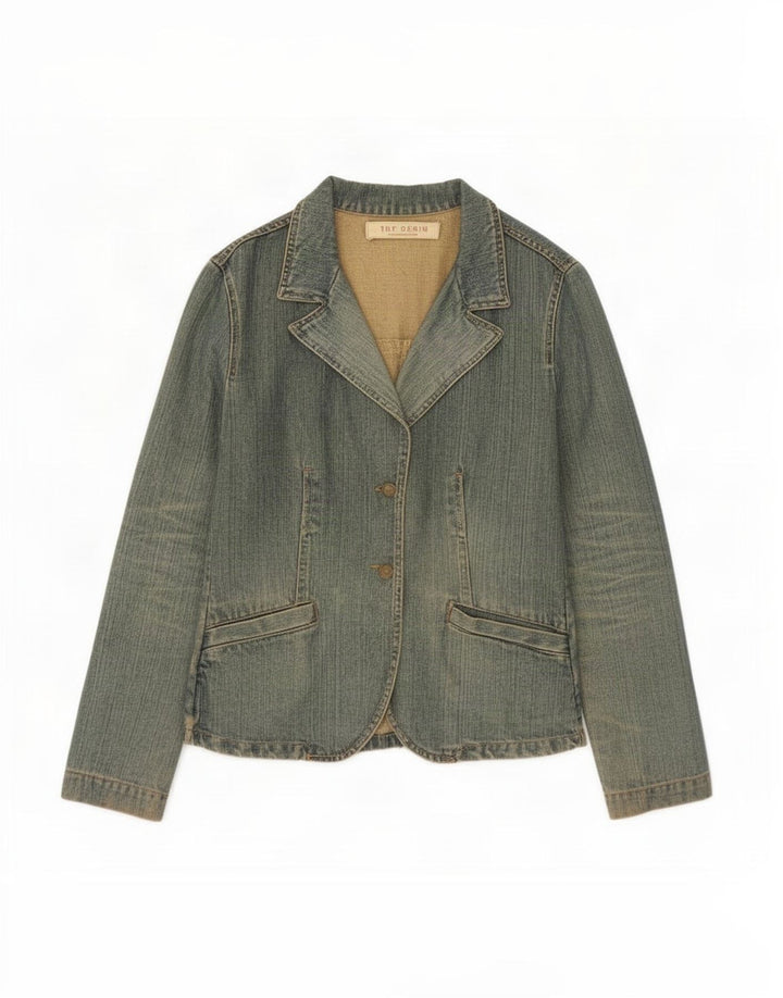 Zara Womens Trafaluc 2 Button Denim Blazer Jacket UK 12 Bleu Moyen Coton