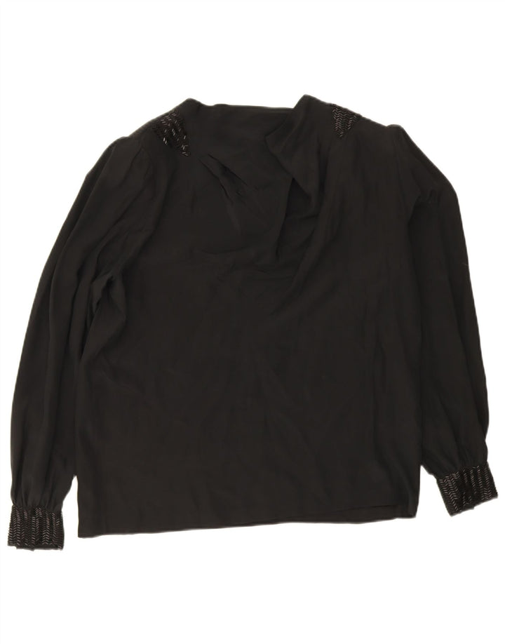 vintage Femme Manches Longues Blouse Top EU 38 Moyenne Soie Noire