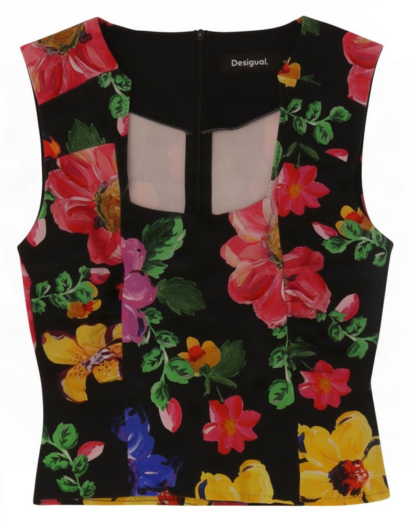 Desigual Chemisier sans manches pour femme UK 42 Medium Noir Floral