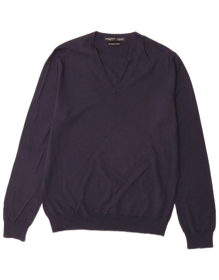 Zara Pull col V pour homme en coton bleu marine Taille L