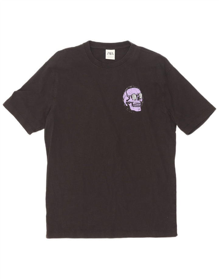 Zara Mens Graphic T-Shirt Top Petit Noir Coton