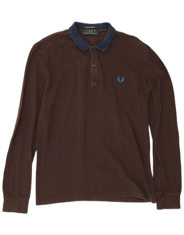 Fred Perry Polo de rugby à manches longues pour homme XL en coton color block marron