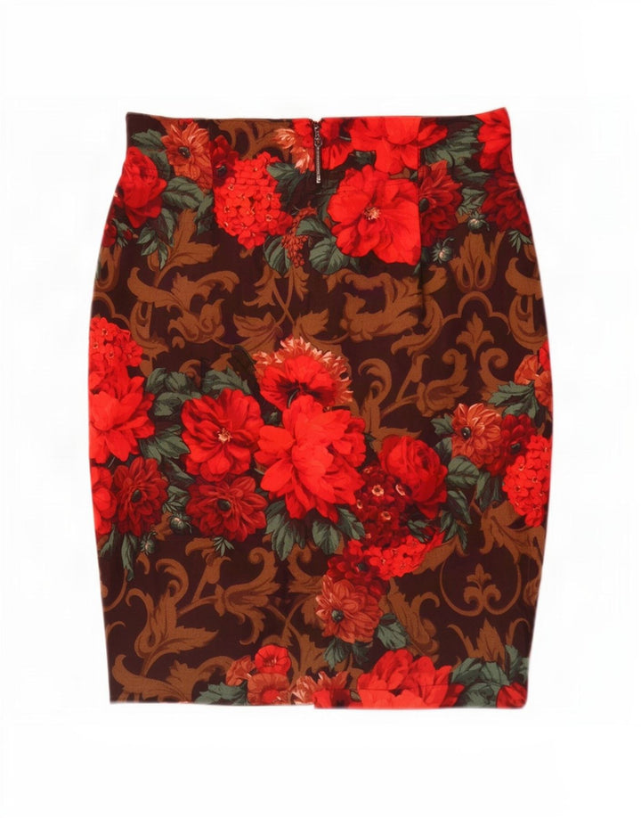 Jupe crayon femme vintage W30 laine vierge florale rouge moyen