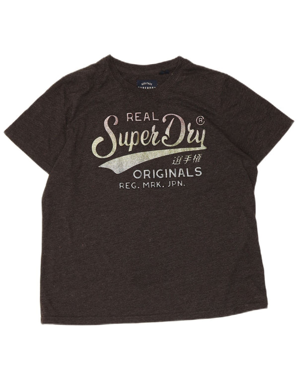 SUPERDRY T-Shirt Graphique Femme UK 16 Large Gris Moucheté Coton