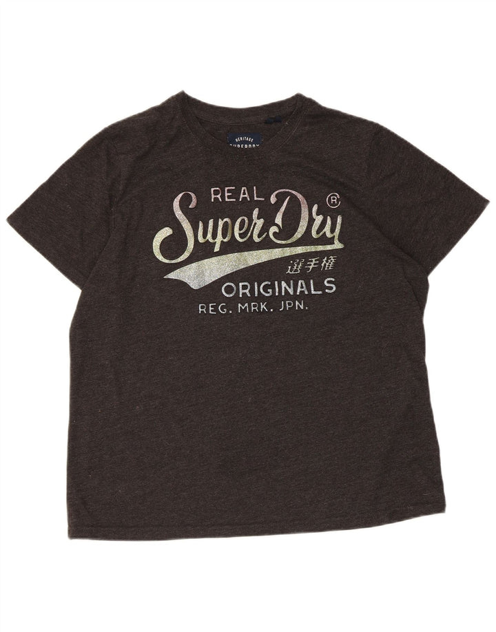 SUPERDRY T-Shirt Graphique Femme UK 16 Large Gris Moucheté Coton