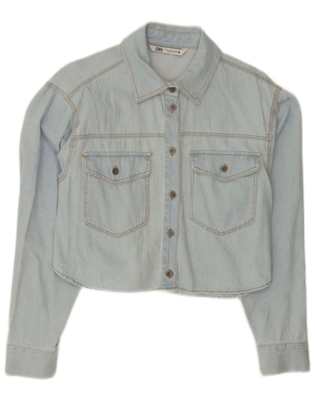 Zara Womens Crop Denim Shirt UK 14 Bleu Moyen Coton