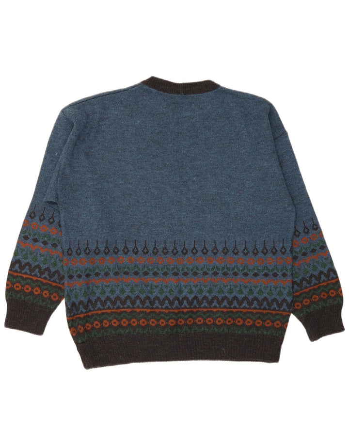 vintage Mens Crew Neck Jumper Pull Bleu Moyen Fair Isle