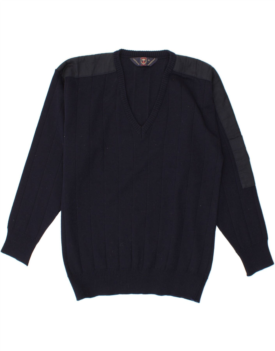 VINTAGE Mens V-Neck Jumper Sweater Medium Navy Blue Wool Vintage Vintage and Second-Hand Vintage from Messina Hembry 