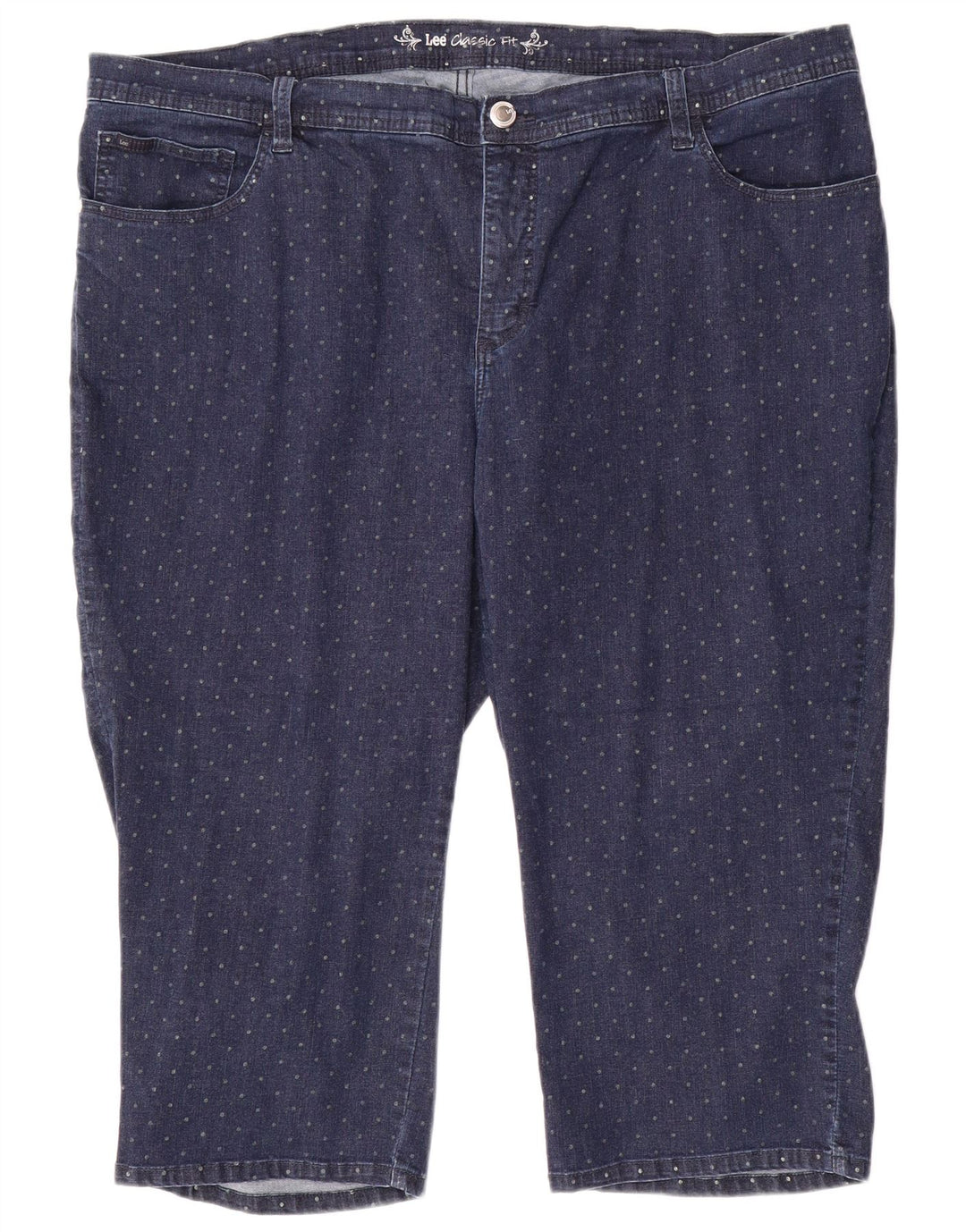 LEE Jean Capri coupe classique pour femme US 24 4XL W48 L20 Bleu à pois en coton
