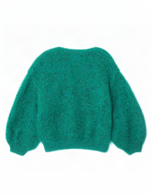 vintage Femmes Oversize Boat Neck Jumper Pull UK 18 XL Vert Moucheté