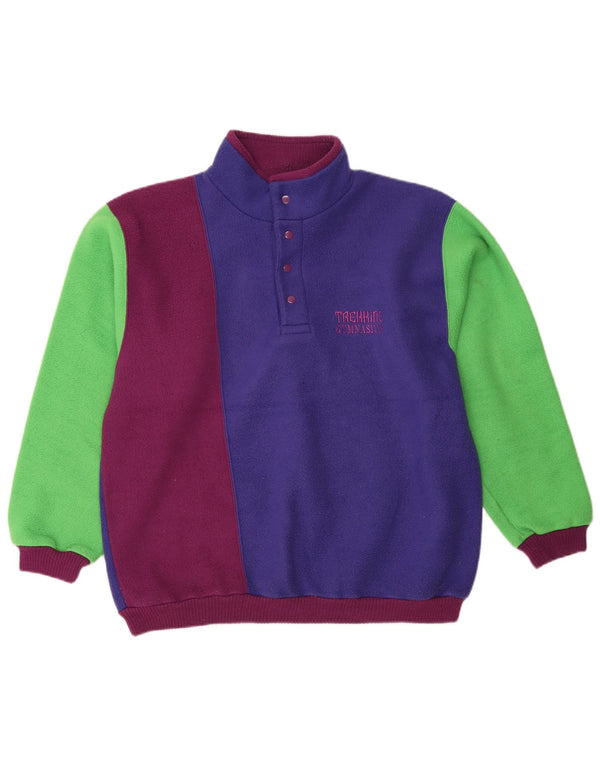 vintage Mens Button Neck Fleece Jumper Petit Multicolore Colorblock