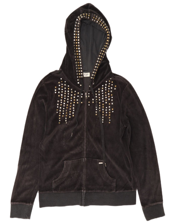 Guess Pull à capuche zippé en velours pour femme UK 16 Large Gris