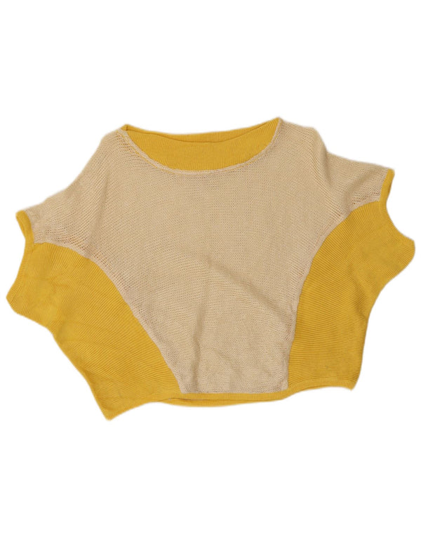 vintage Femmes Crop Knit Blouse Top UK 12 Colorblock Jaune Moyen