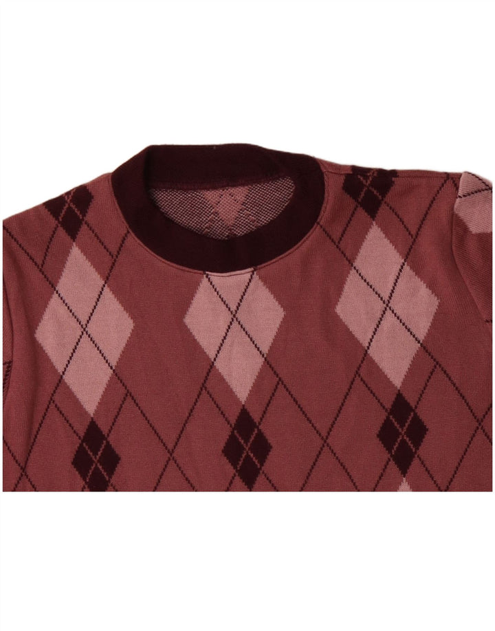 VINTAGE Femme Crew Neck Jumper Pull UK 16 Grand Rose Argyle/Diamant