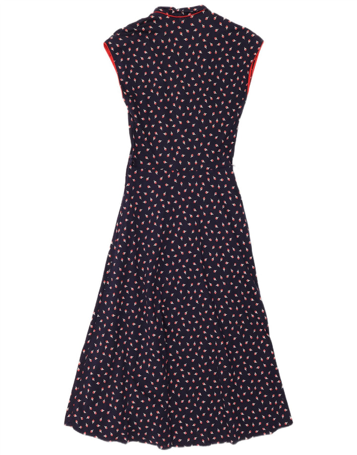 VINTAGE Robe Maxi sans Manches Femme IT 38 XS Bleu Marine Coton Floral