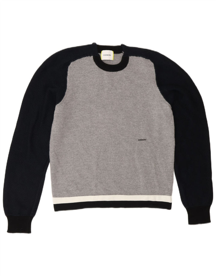 Iceberg Pull à col rond pour femme UK 12 Gris moyen Laine colour block