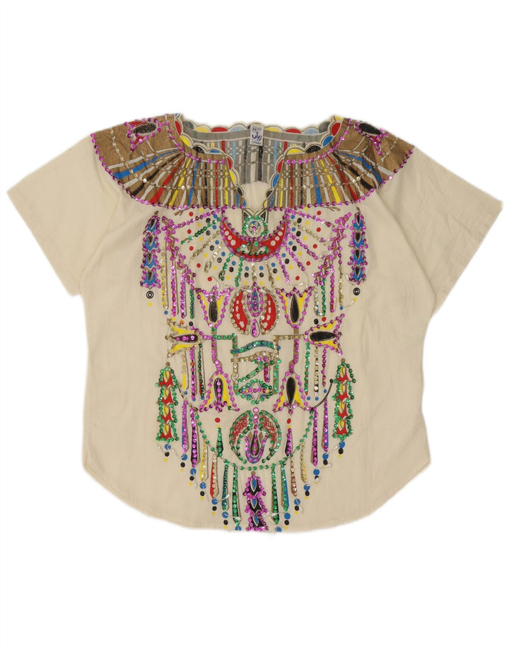 vintage Femmes Motif Abstrait Blouse Top UK 14 Moyen Blanc Ethnique