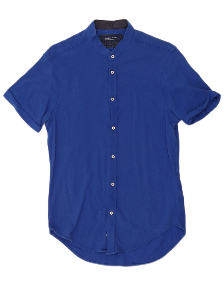 ZARA Chemise Slim Fit à Manches Courtes Homme Bleu Moyen Coton