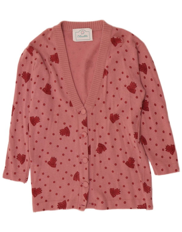 vintage Womens Longline Cardigan Sweater UK 14 Grande laine tachetée rose