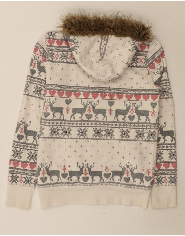 Marks & Spencer Pull à capuche zippé pour femme UK 10 Small Off White Fair Isle