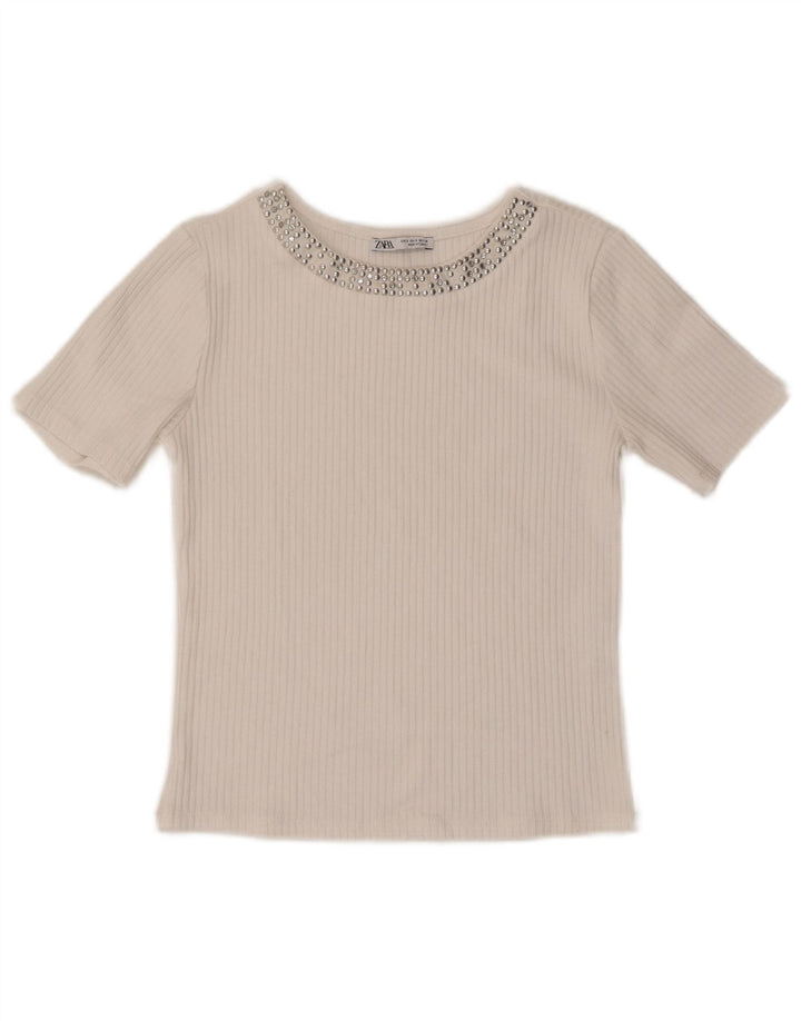 ZARA Femme Crop T-Shirt Top UK 8 Petit Blanc Polyester
