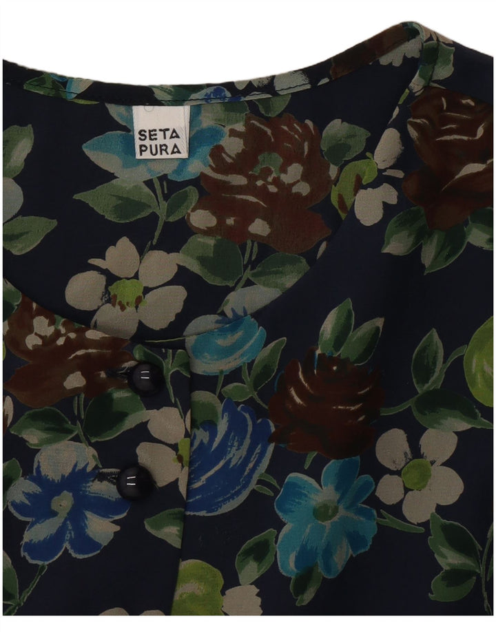 vintage Femme Shift Robe UK 12 Moyen Marine Bleu Floral Soie
