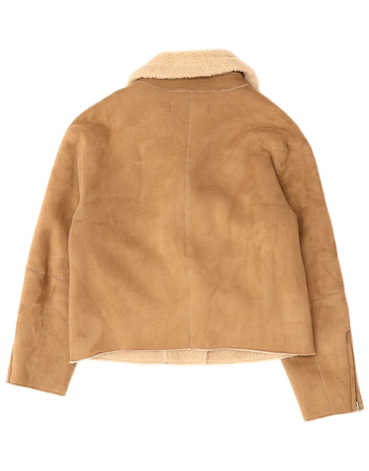 Zara Veste de motard en faux suède Sherpa pour femme UK 10 Small Beige Polyester