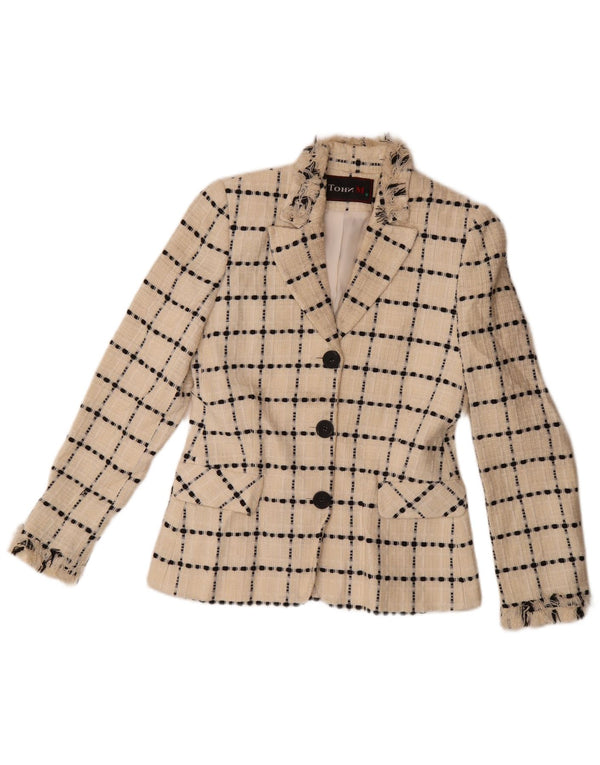 vintage Femmes 3 Bouton Blazer Veste UK 10 Petite laine à carreaux blanc cassé