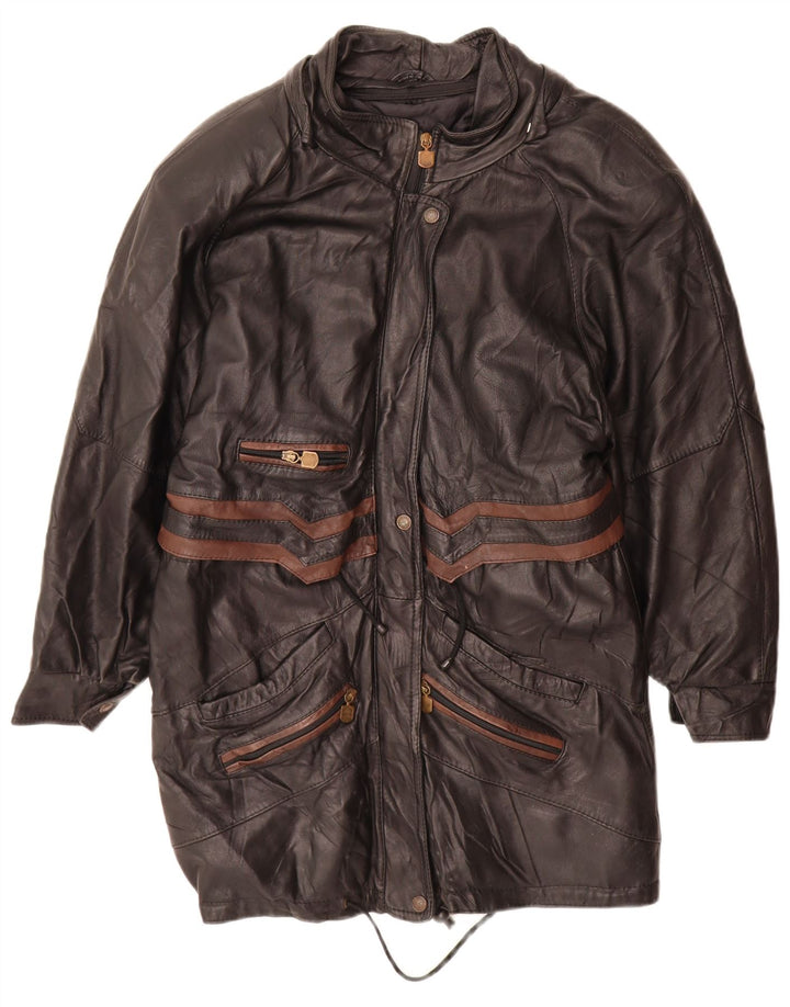 manteau en cuir femme vintage UK 16 Grand colorblock noir