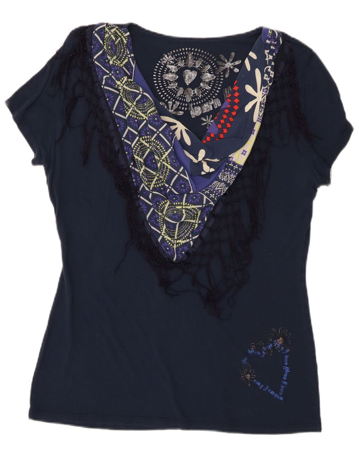 Desigual T-shirt graphique pour femme UK 18 XL Bleu marine Patchwork