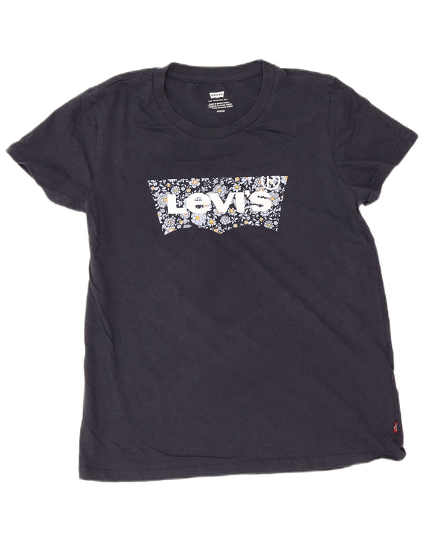 Levi's Femme Graphic T-Shirt Top UK 10 Small Bleu Marine Floral Coton
