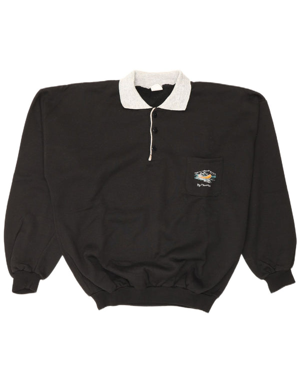 vintage Mens Polo Neck Jumper Pull Grand Noir Colourblock Coton