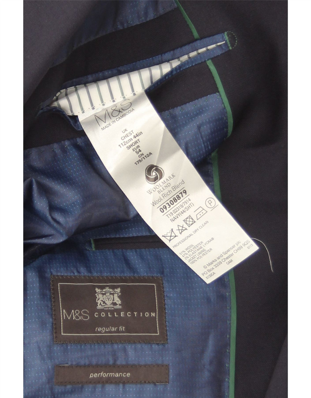 Marks & Spencer Veste blazer à 2 boutons pour homme EU 54 2XL Bleu marine Laine