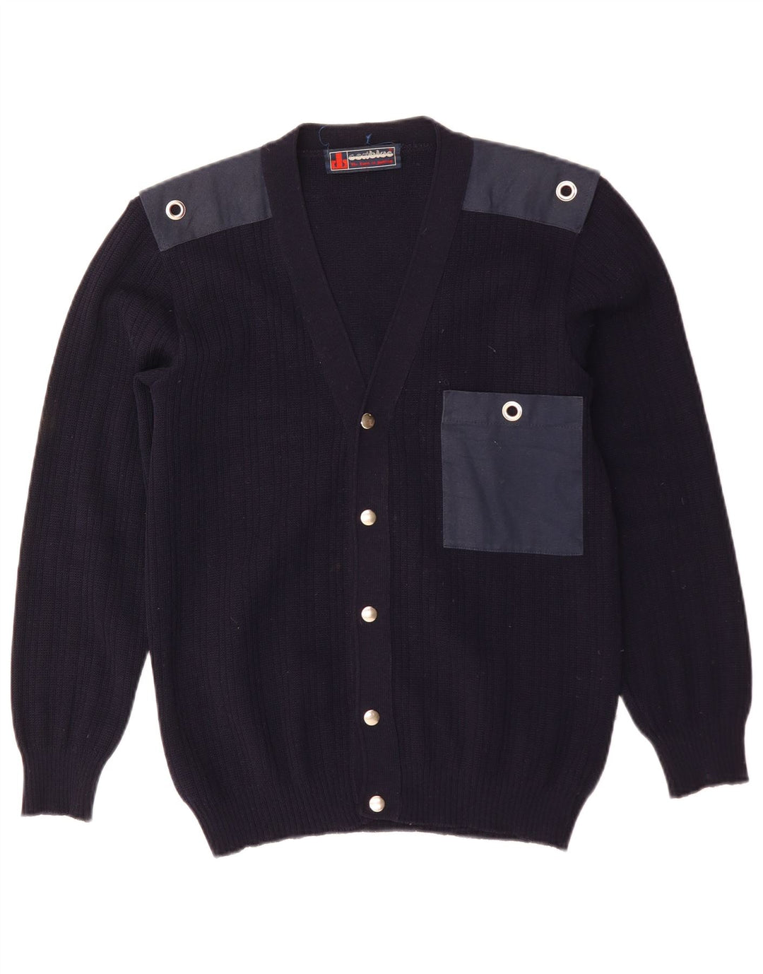 vintage Homme Cardigan Pull Moyen Marine Bleu Colorblock Laine