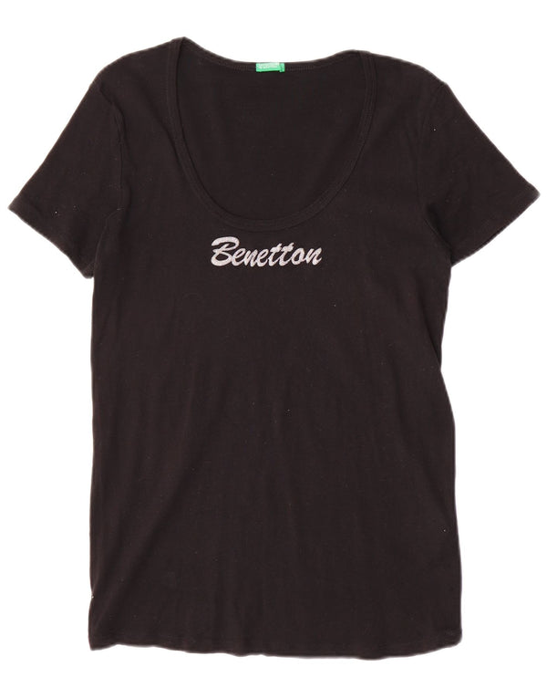 Benetton T-shirt graphique pour femme UK 14 Large Noir Coton
