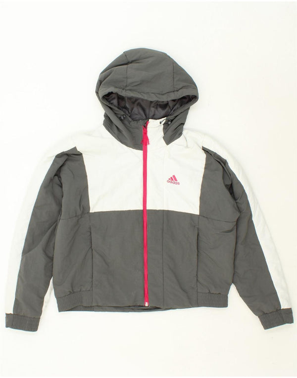 ADIDAS Womens Hooded Windbreaker Jacket UK 12/14 Medium Grey Colourblock