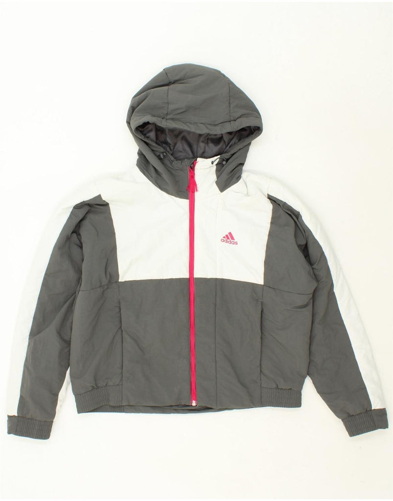 ADIDAS Womens Hooded Windbreaker Jacket UK 12/14 Medium Grey Colourblock Vintage Adidas and Second-Hand Adidas from Messina Hembry 
