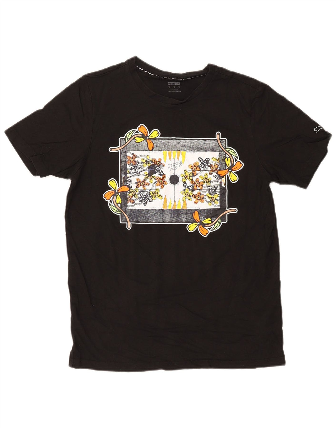 Puma T-Shirt Graphique Top Small Homme Noir Floral Cotton Nature