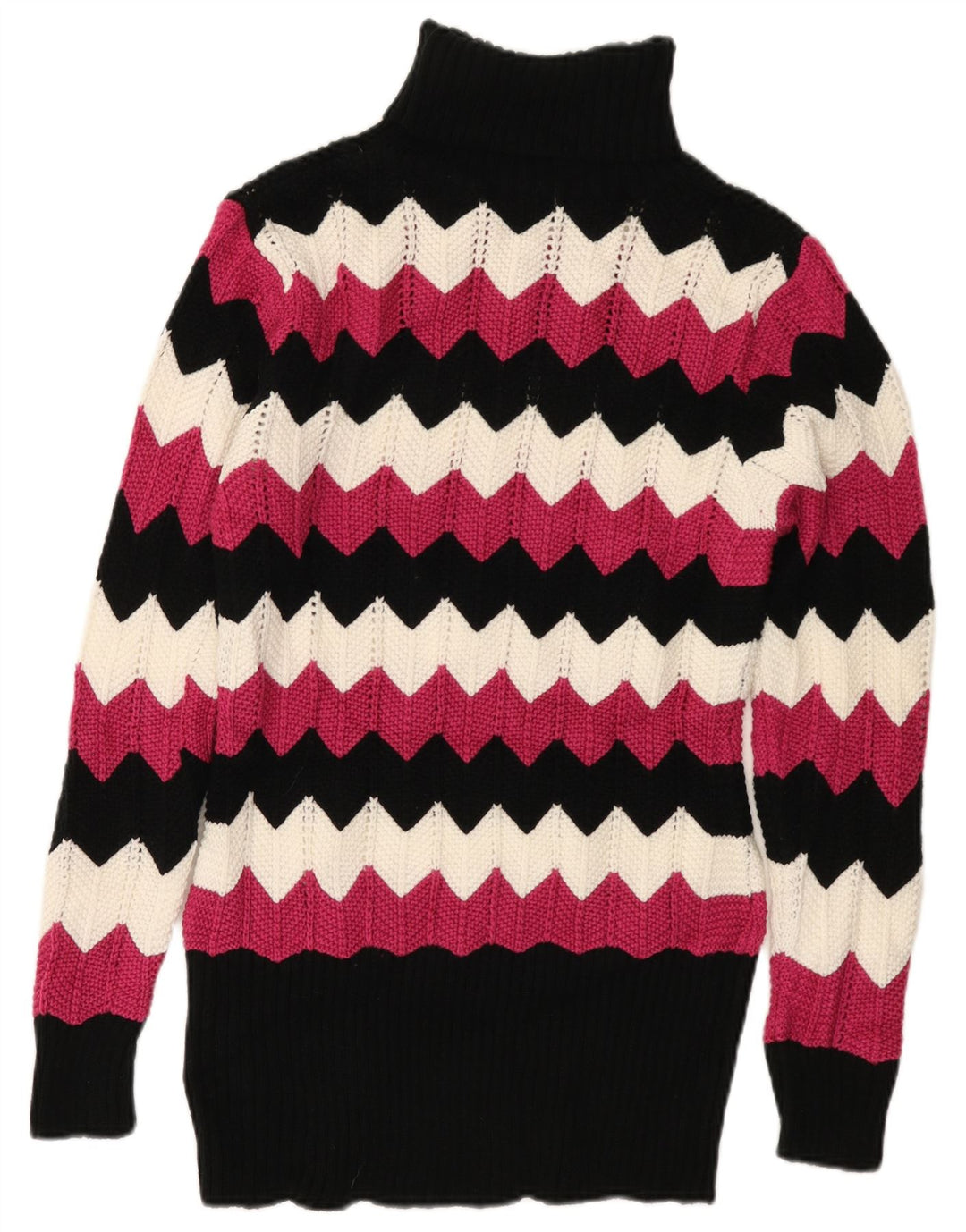 VINTAGE Pull col roulé femme UK 16 Grand Chevron multicolore