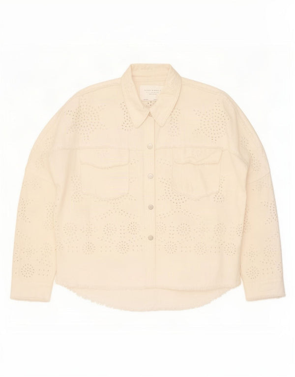 Zara Veste en jean surdimensionnée pour femme UK 6 XS en coton floral blanc cassé