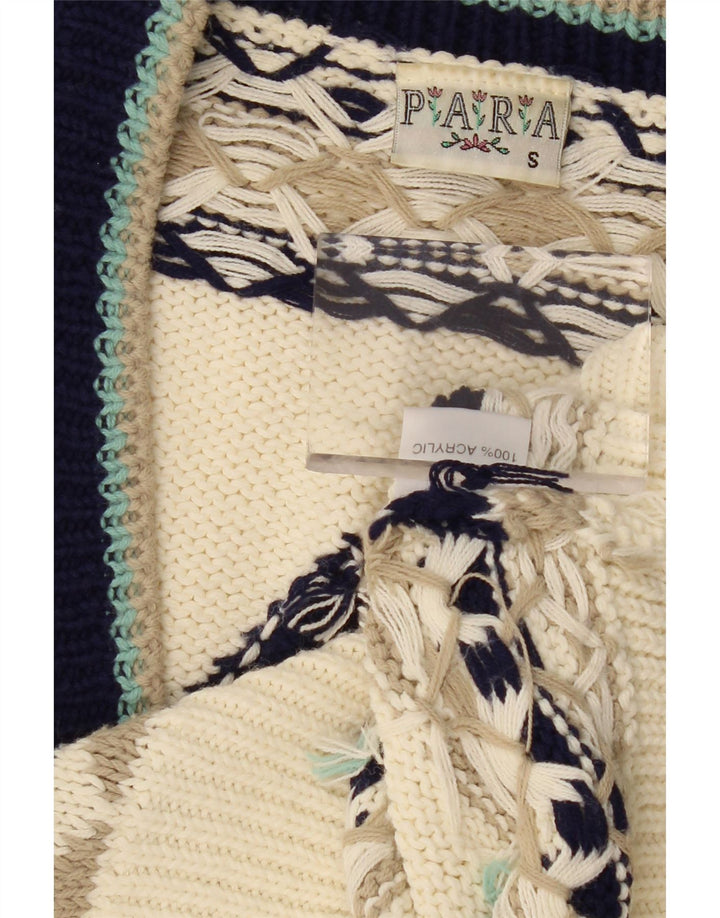 VINTAGE Femmes Cardigan surdimensionné Pull UK 10 Petit Off White Géométrique