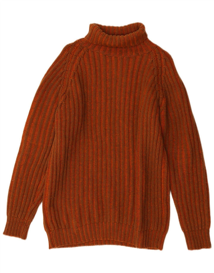 vintage Mens Roll Neck Jumper Pull Grande laine rayée orange