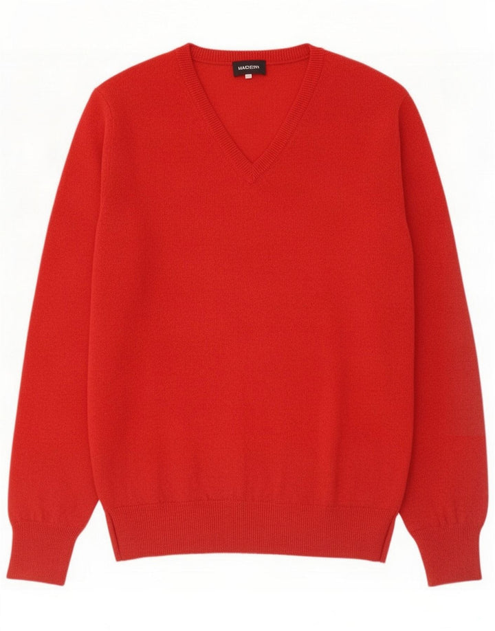 Vintage Pull col V pour homme en laine rouge Large
