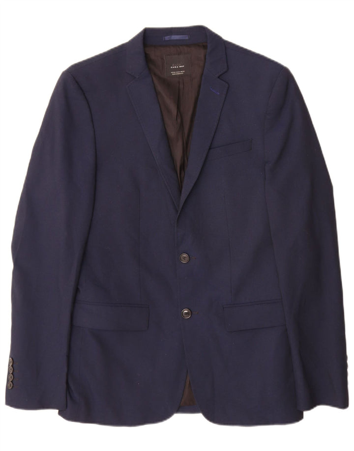 Zara Veste Blazer 2 Boutons Homme EU 48 Bleu Marine Moyen Polyester